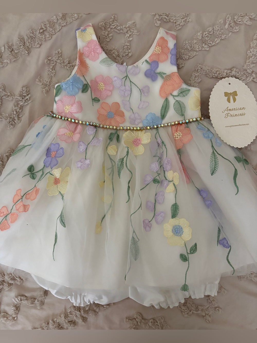American Princess 18M Baby Girls Dress White Pastel Floral Embroidery Rhinestone
